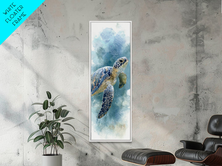 Sea Turtle Gliding Through Clear Blue Water Framed Canvas Print, Marine Life Art, Ocean Painting, Living Room Decor, Marine, MLA-1x3-61