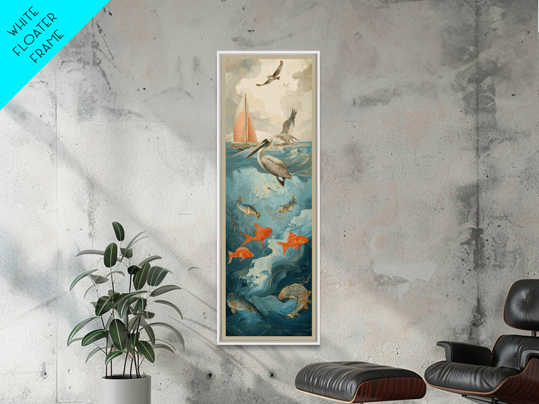 Pelican Diving Toward Fish Near Surface Framed Canvas Print, Marine Life Art, Textured Painting, Living Room Decor, Marine, MLA-1x3-83