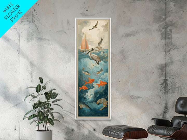 Pelican Diving Toward Fish Near Surface Framed Canvas Print, Marine Life Art, Textured Painting, Living Room Decor, Marine, MLA-1x3-83