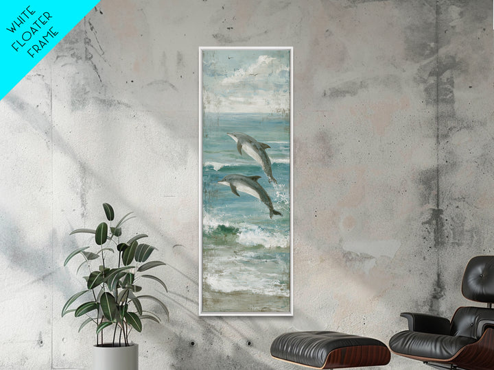 Dolphins Leaping Through Sunlit Waves Framed Canvas Print, Marine Life Art, Watercolor Art, Living Room Decor, Oil Painting, MLA-1x3-91