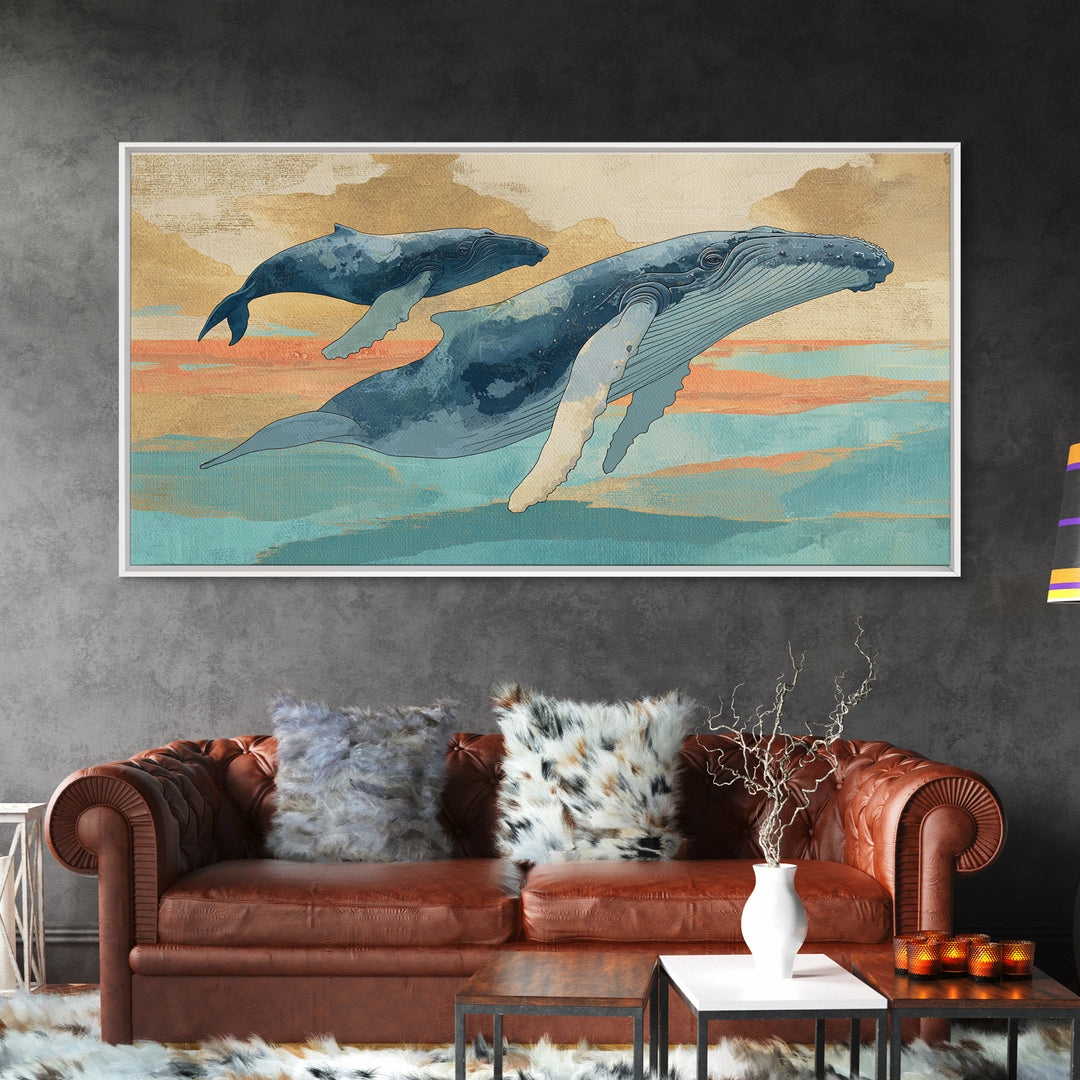 Humpback Whale and Calf Framed Canvas Print, Marine Life Art, Tropical Wall Art, Living Room Decor, Fine Art, Marine, MLA-2x1-14