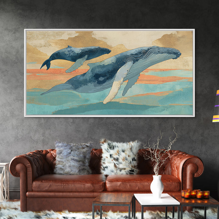 Humpback Whale and Calf Framed Canvas Print, Marine Life Art, Tropical Wall Art, Living Room Decor, Fine Art, Marine, MLA-2x1-14