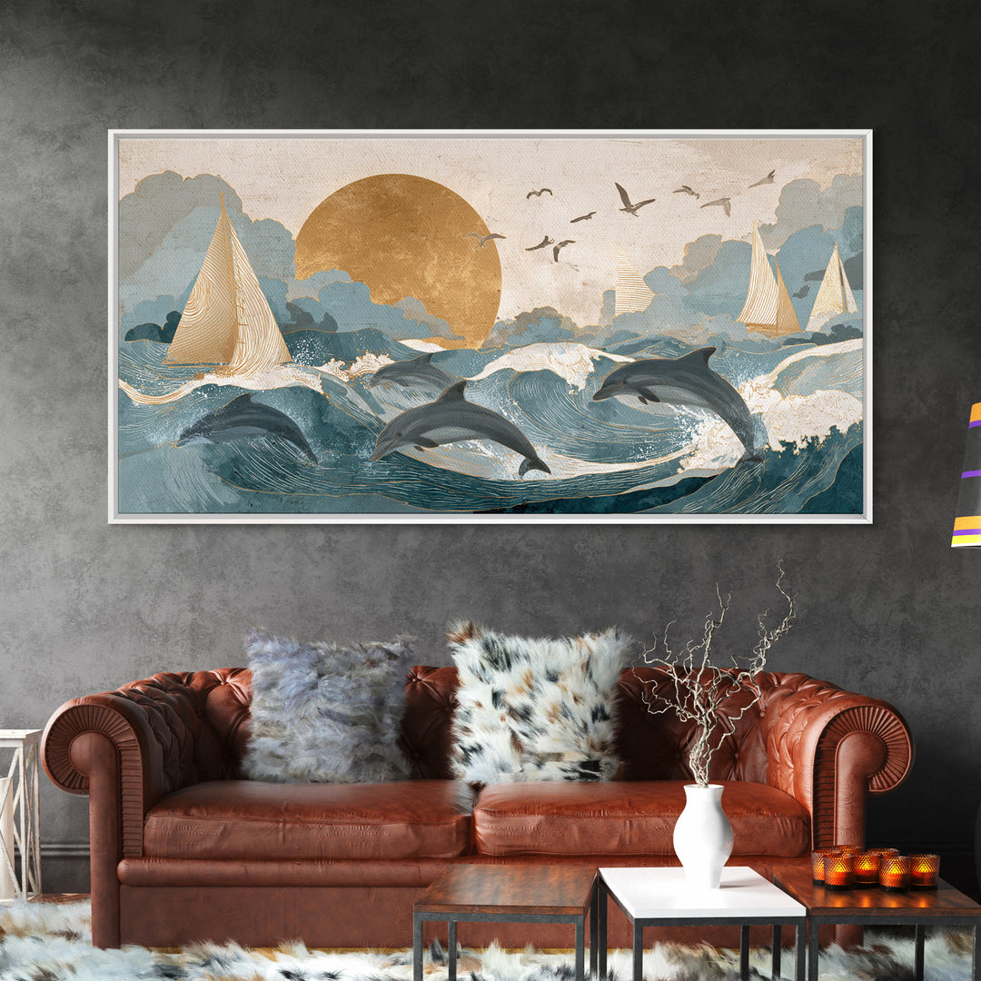 Dolphins Leaping Through Sunlit Waves Framed Canvas Print, Marine Life Art, Modern Art Print, Living Room Decor, Oil Painting, MLA-2x1-27