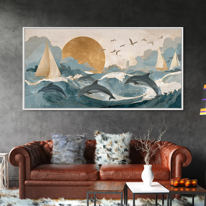 Dolphins Leaping Through Sunlit Waves Framed Canvas Print, Marine Life Art, Modern Art Print, Living Room Decor, Oil Painting, MLA-2x1-27