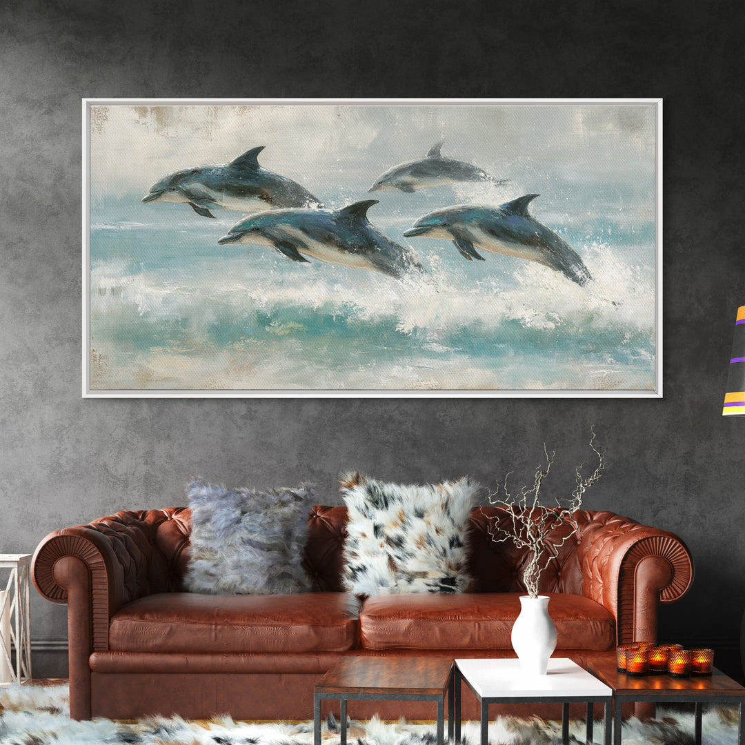 Dolphins Leaping Through Sunlit Waves Framed Canvas Print, Marine Life Art, Coastal Art, Living Room Decor, Fine Art, Marine, MLA-2x1-3