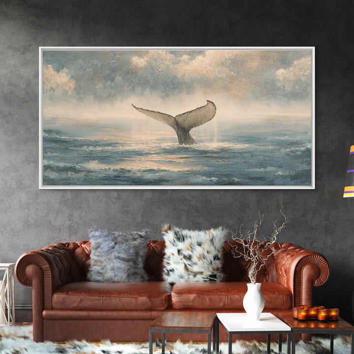 Whale Tail Rising from Misty Ocean Framed Canvas Print, Marine Life Art, Neutral Decor, Living Room Decor, Fine Art, Marine, MLA-2x1-46