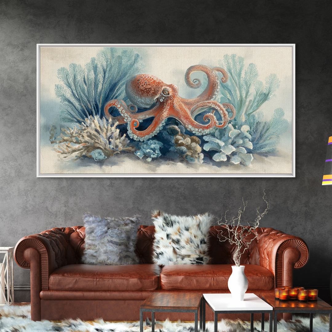 Octopus Curling Around Coral Canvas Print, Marine Life Art, Beach Decor, Living Room Decor, Oil Painting, Marine, Ocean Decor, MLA-2x1-47