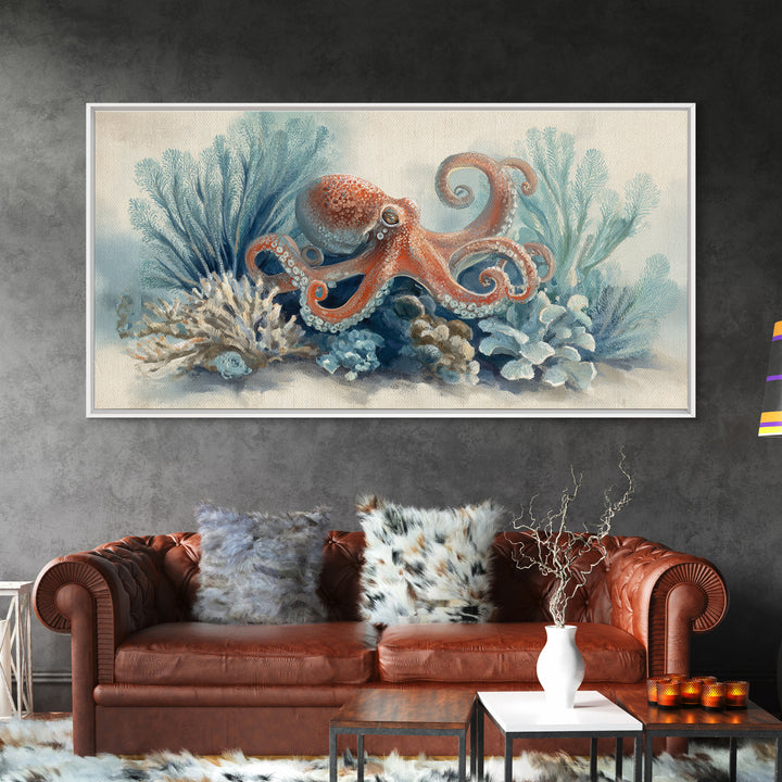 Octopus Curling Around Coral Canvas Print, Marine Life Art, Beach Decor, Living Room Decor, Oil Painting, Marine, Ocean Decor, MLA-2x1-47