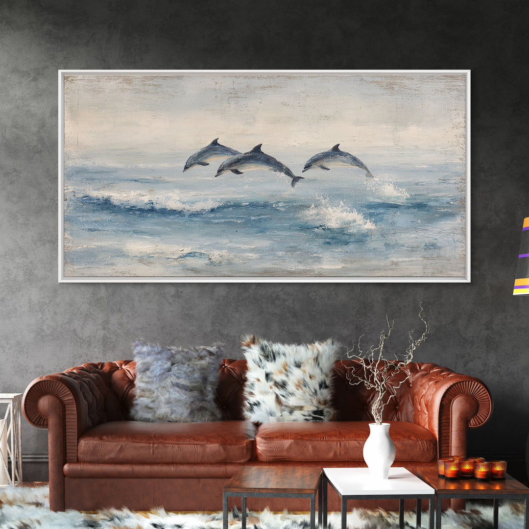 Dolphins Leaping Through Sunlit Waves Framed Canvas Print, Marine Life Art, Coastal Art, Living Room Decor, Watercolor Art, MLA-2x1-51