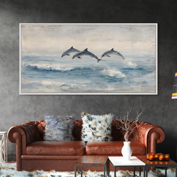 Dolphins Leaping Through Sunlit Waves Framed Canvas Print, Marine Life Art, Coastal Art, Living Room Decor, Watercolor Art, MLA-2x1-51