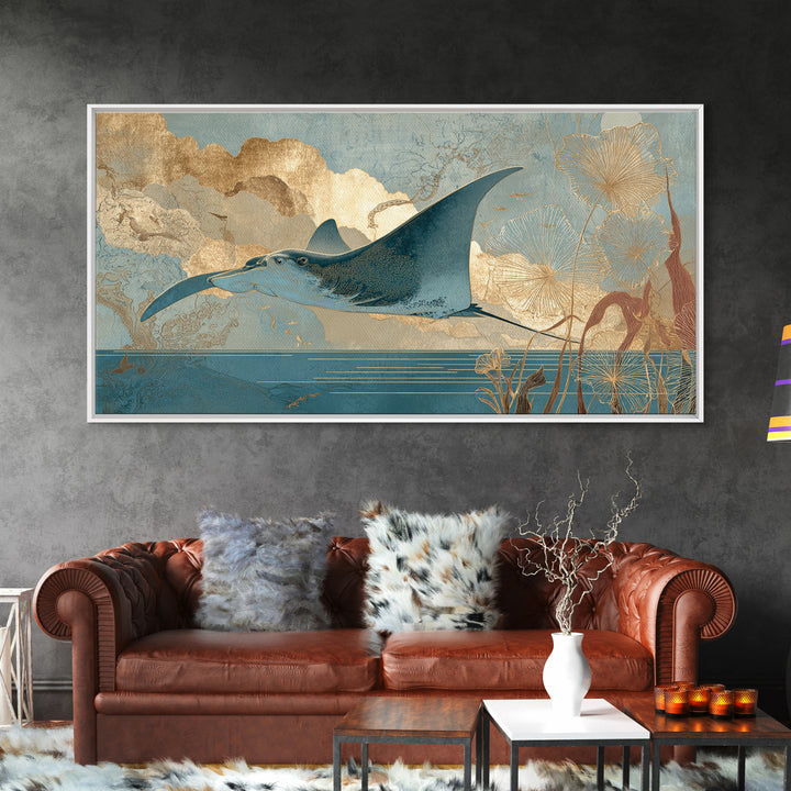 Manta Ray Flying Through Underwater Light Canvas Print, Marine Life Art, Statement Artwork, Living Room Decor, Fine Art, Marine, MLA-2x1-58