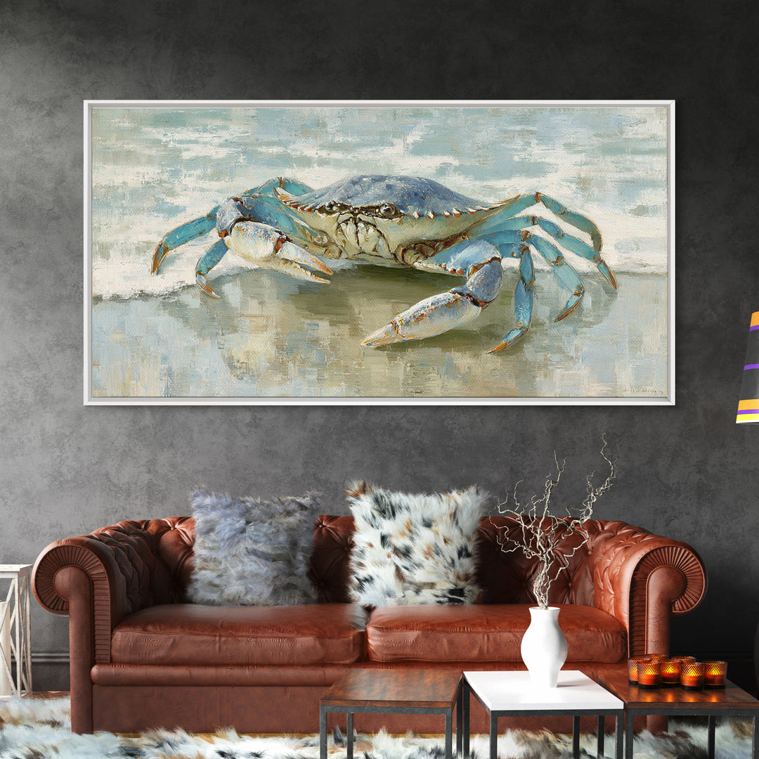 Blue Crab with Painterly Shell Texture Framed Canvas Print, Marine Life Art, Modern Art Print, Living Room Decor, Marine, MLA-2x1-6