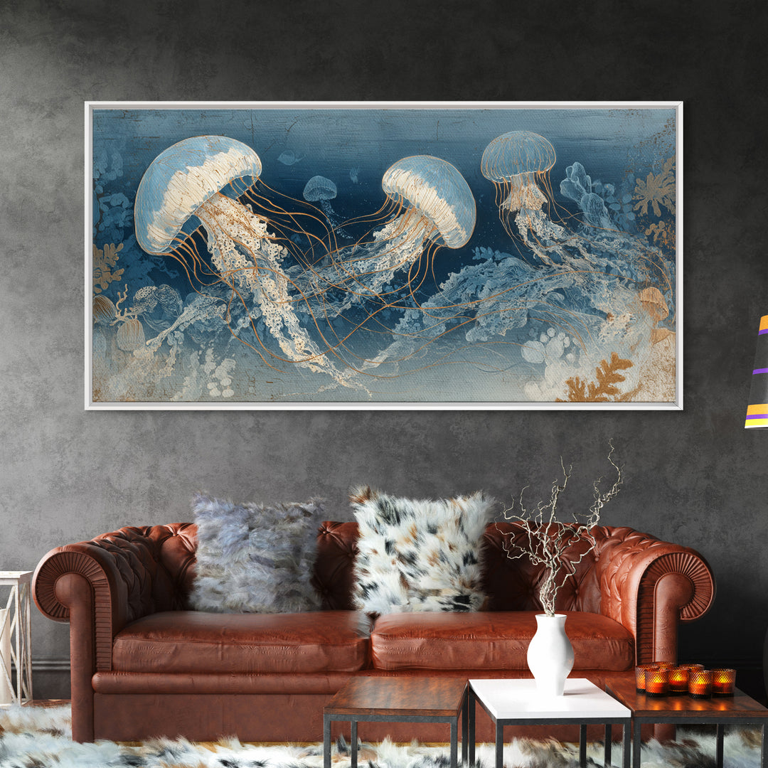 Jellyfish Floating in Luminous Dark Water Canvas Print, Marine Life Art, Art Print, Living Room Decor, Watercolor Art, Marine, MLA-2x1-74