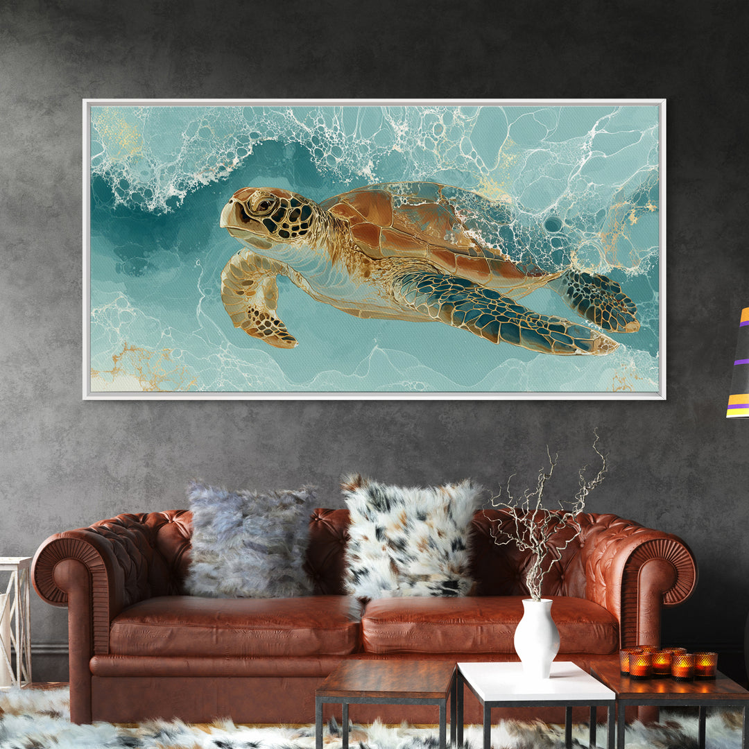 Sea Turtle Gliding Through Clear Blue Water Canvas Print, Marine Life Art, Minimalist Decor, Living Room Decor, Marine, MLA-2x1-93