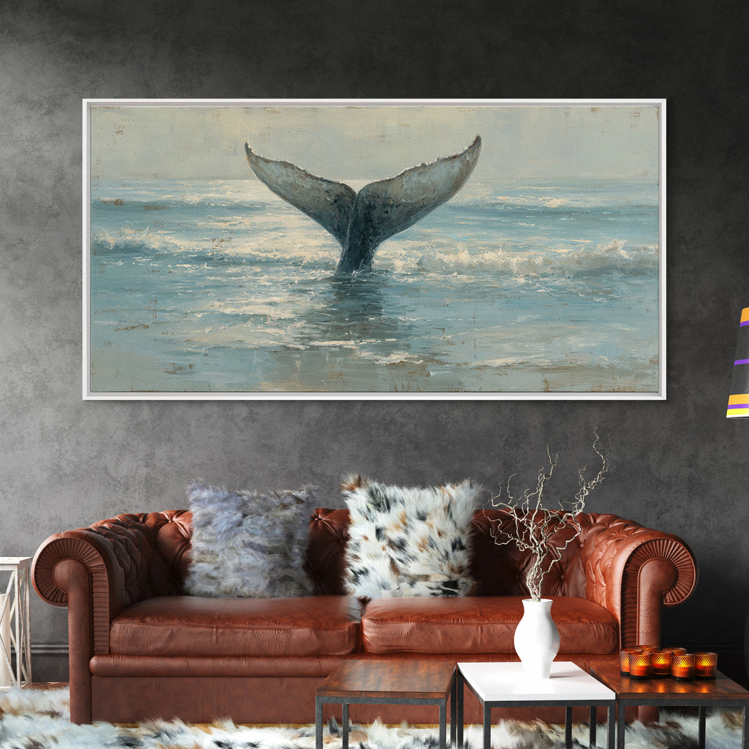 Whale Tail Rising from Misty Ocean Canvas Print, Marine Life Art, Luxury Decor, Living Room Decor, Oil Painting, Marine, MLA-2x1-94