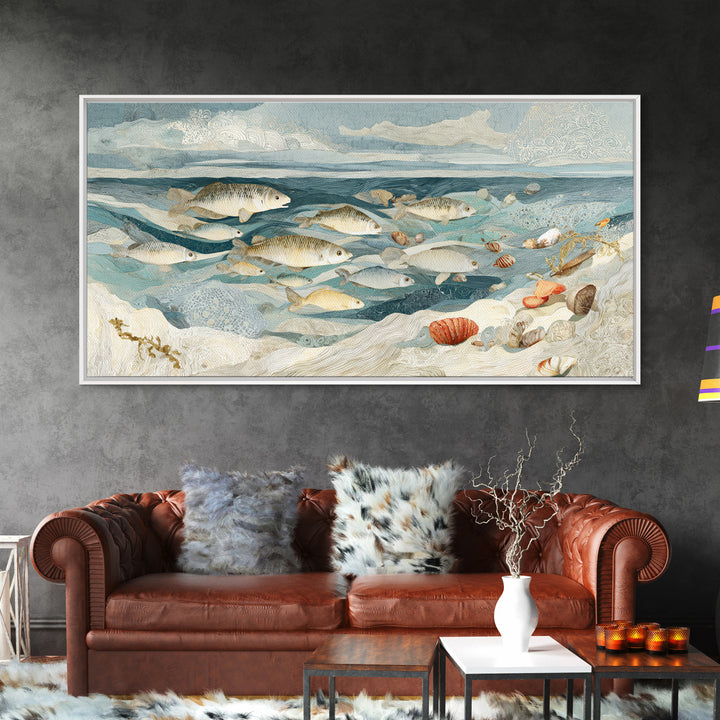 School of Fish Forming a Silver Spiral Framed Canvas Print, Marine Life Art, Ocean Decor, Living Room Decor, Oil Painting, MLA-2x1-96