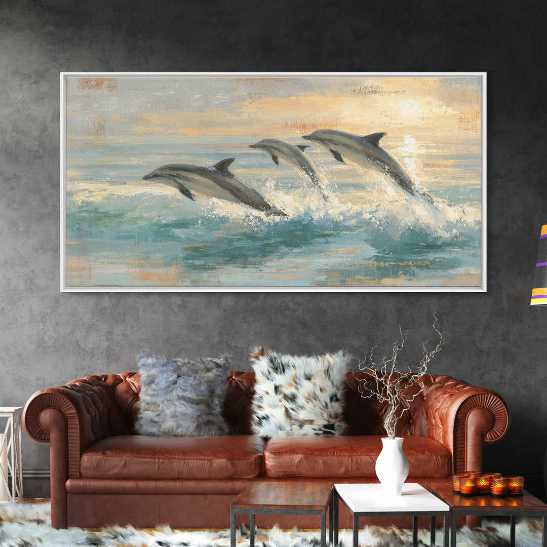 Dolphins Leaping Through Sunlit Waves Framed Canvas Print, Marine Life Art, Coastal Art, Living Room Decor, Fine Art, Marine, MLA-2x1-99