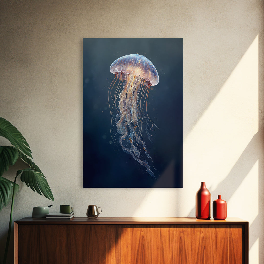 Jellyfish Floating in Luminous Dark Water Canvas Print, Marine Life Art, Handmade Art, Living Room Decor, Oil Painting, Marine, MLA-2x3-14