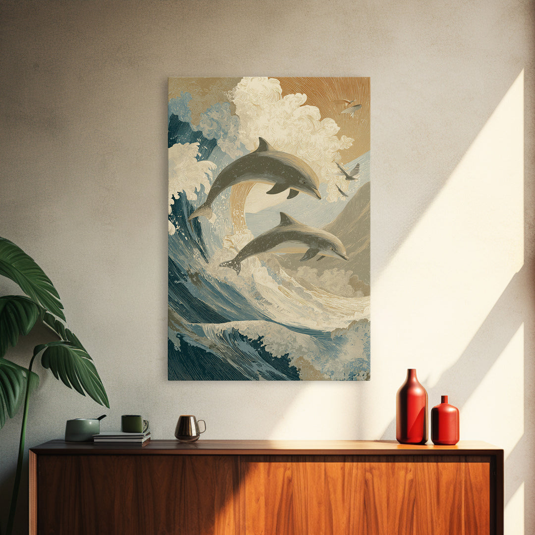 Dolphins Leaping Through Sunlit Waves Canvas Print, Marine Life Art, Surf Poster, Living Room Decor, Fine Art, Marine, MLA-2x3-15