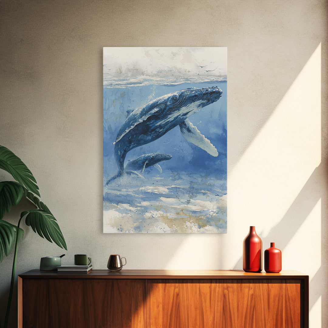 Humpback Whale and Calf Framed Canvas Print, Marine Life Art, Tropical Wall Art, Living Room Decor, Fine Art, Marine, MLA-2x3-26