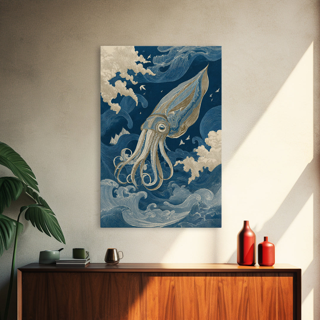 Squid in a Mysterious Midnight Sea Canvas Print, Marine Life Art, Ocean Wall Art, Living Room Decor, Watercolor Art, Marine, MLA-2x3-27