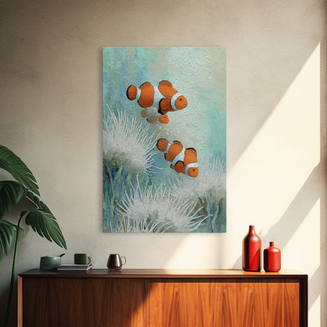 Clownfish Around Anemone Tentacles Framed Canvas Print, Marine Life Art, Textured Painting, Living Room Decor, Fine Art, Marine, MLA-2x3-28