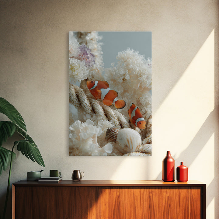 Clownfish Around Anemone Tentacles Framed Canvas Print, Marine Life Art, Ocean Prints, Living Room Decor, Fine Art, Marine, MLA-2x3-4