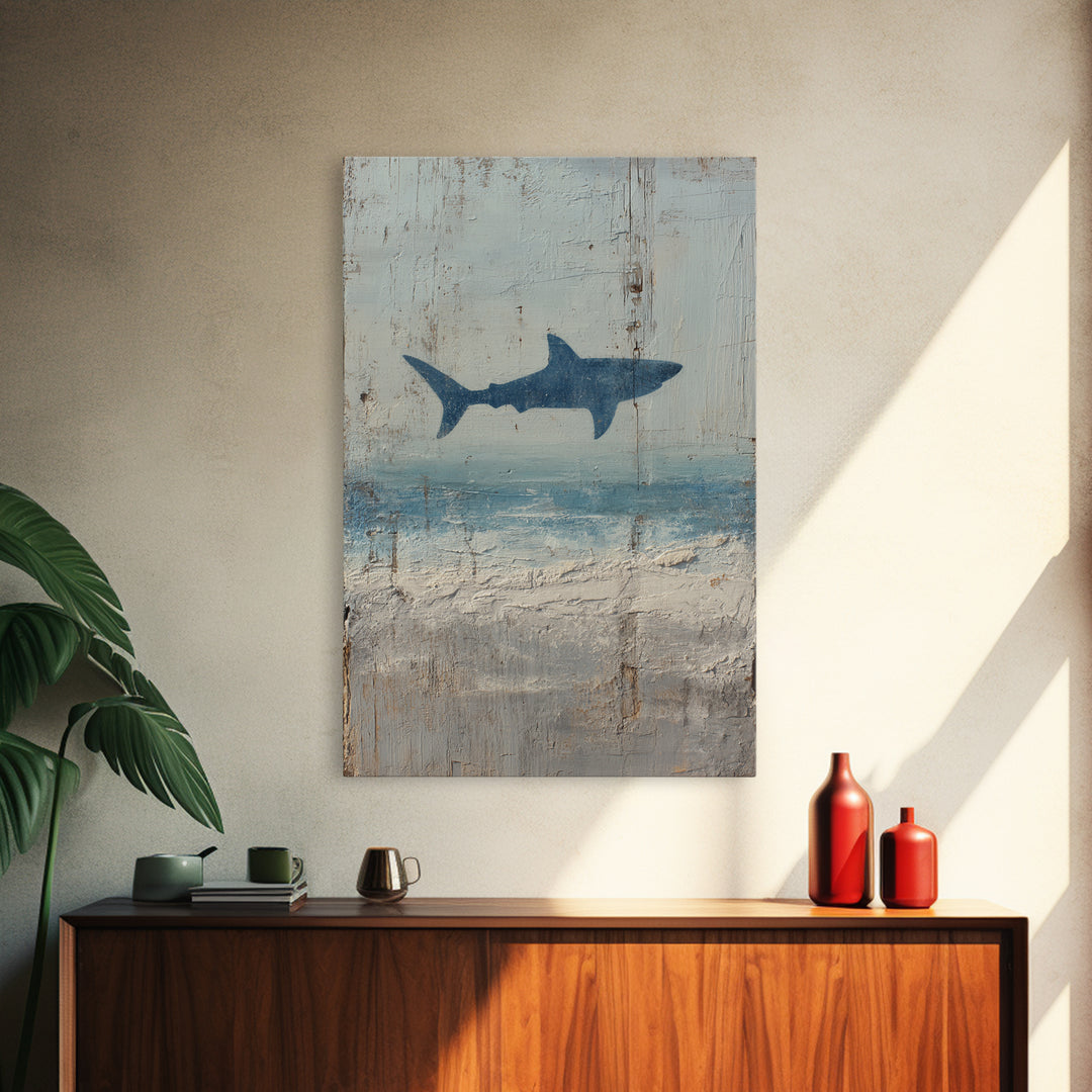 Shark Silhouette in Deep Blue Light Framed Canvas Print, Marine Life Art, Nautical Wall Art, Living Room Decor, Watercolor Art, MLA-2x3-44