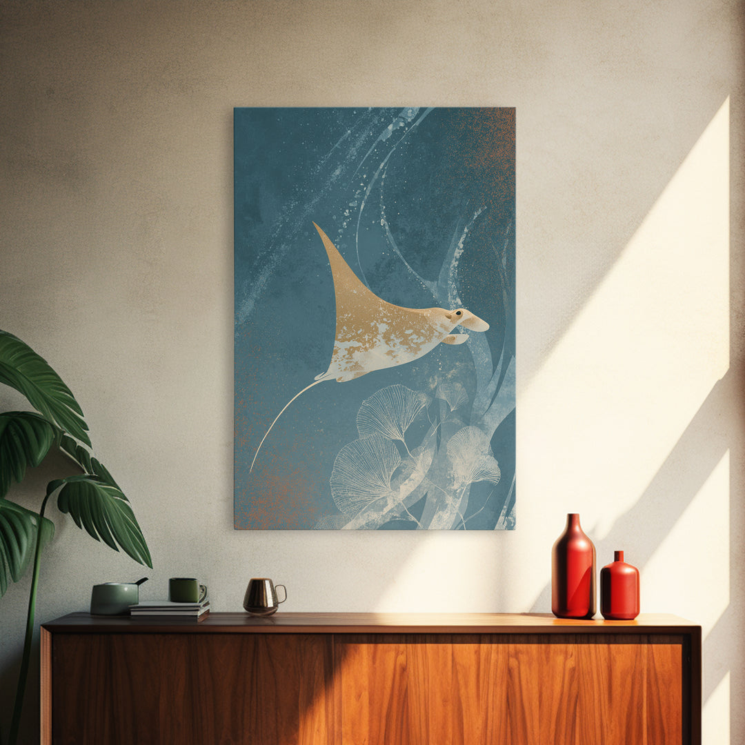 Manta Ray Flying Through Underwater Light Framed Canvas Print, Marine Life Art, Home Decor, Living Room Decor, Fine Art, Marine, MLA-2x3-46