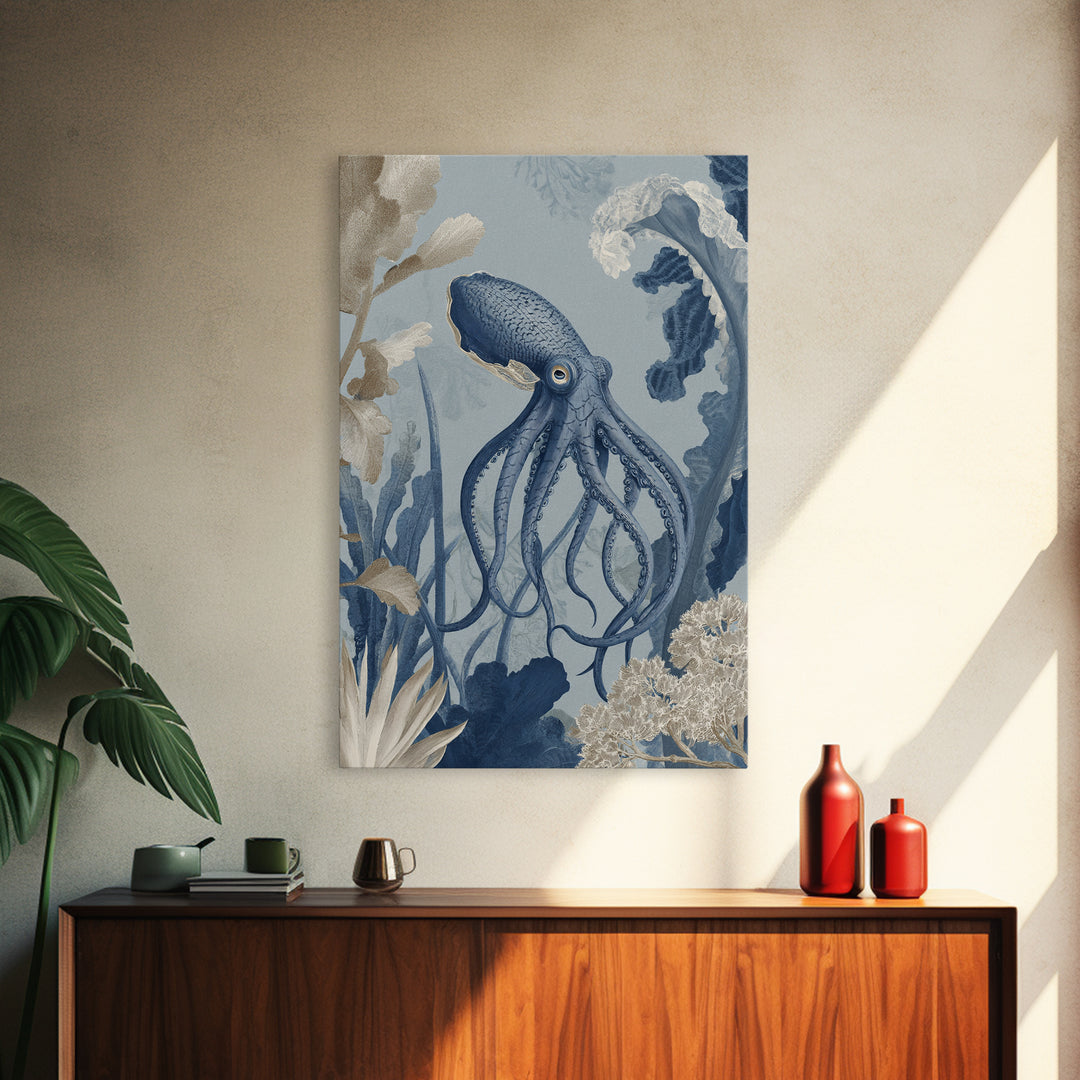 Squid in a Mysterious Midnight Sea Framed Canvas Print, Marine Life Art, Ocean Decor, Living Room Decor, Oil Painting, Marine, MLA-2x3-51