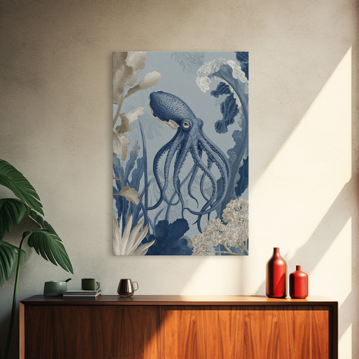Squid in a Mysterious Midnight Sea Framed Canvas Print, Marine Life Art, Ocean Decor, Living Room Decor, Oil Painting, Marine, MLA-2x3-51