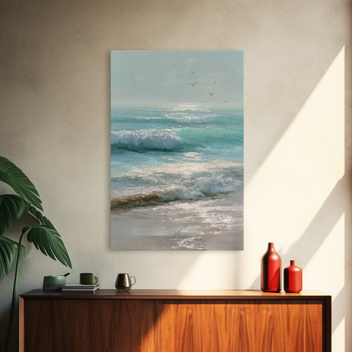 Dolphins Leaping Through Sunlit Waves Framed Canvas Print, Marine Life Art, Ocean Painting, Living Room Decor, Watercolor Art, MLA-2x3-63