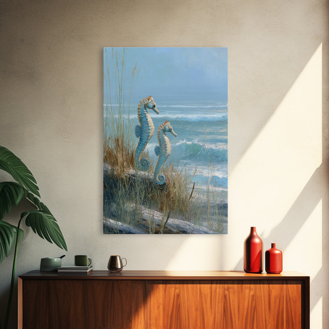 Seahorse Pair Among Sea Grass Framed Canvas Print, Marine Life Art, Contemporary Art, Living Room Decor, Fine Art, Marine, MLA-2x3-85