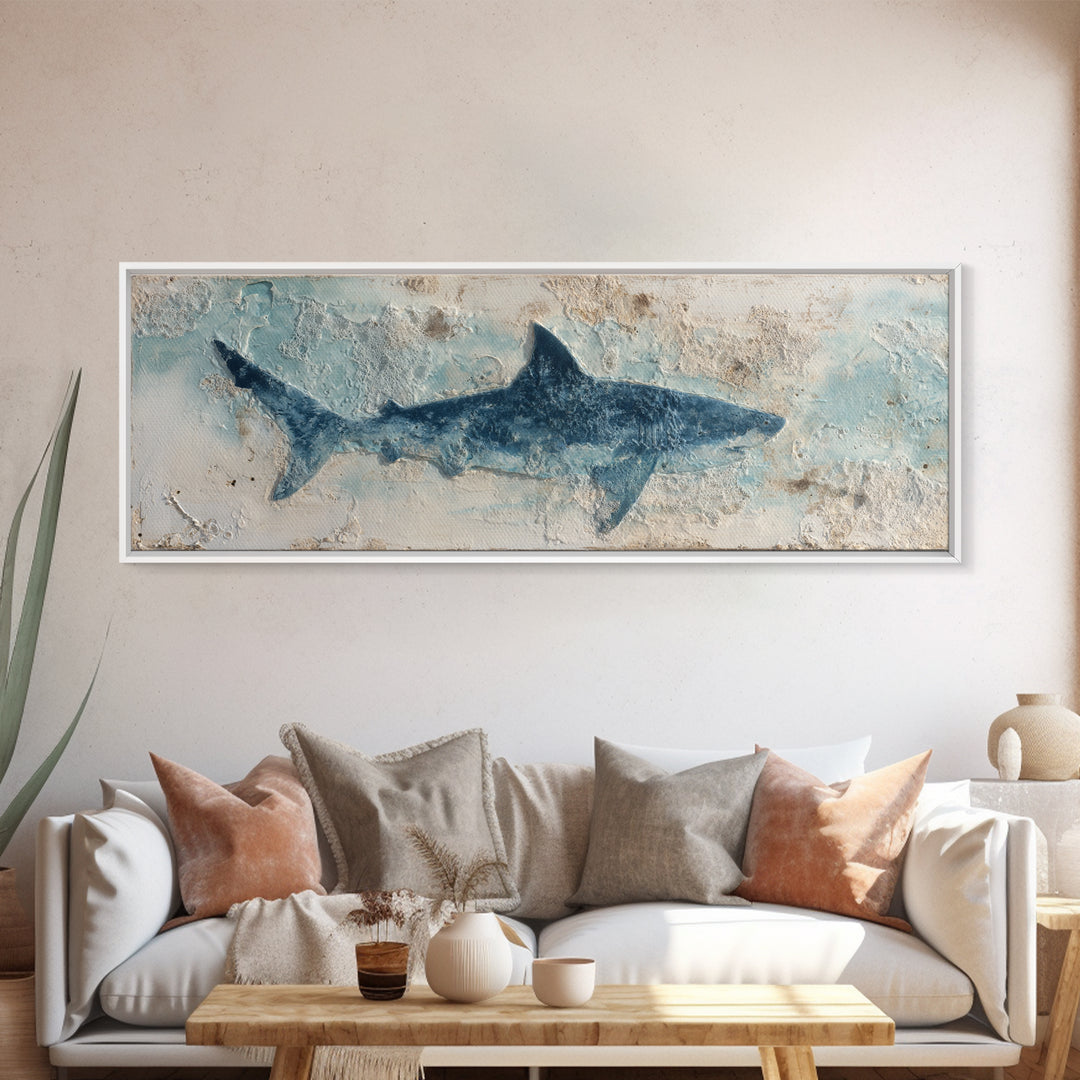 Shark Silhouette in Deep Blue Light Canvas Print, Marine Life Art, Fish Art, Living Room Decor, Abstract Art, Marine, MLA-3x1-100