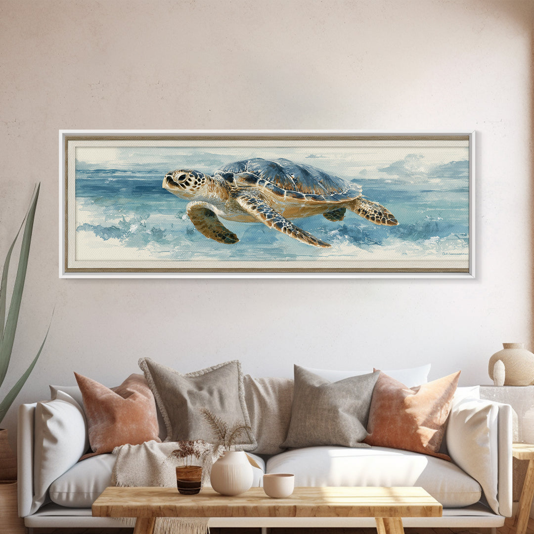 Sea Turtle Gliding Through Clear Blue Water Framed Canvas Print, Marine Life Art, Watercolor Art, Living Room Decor, Marine, MLA-3x1-17