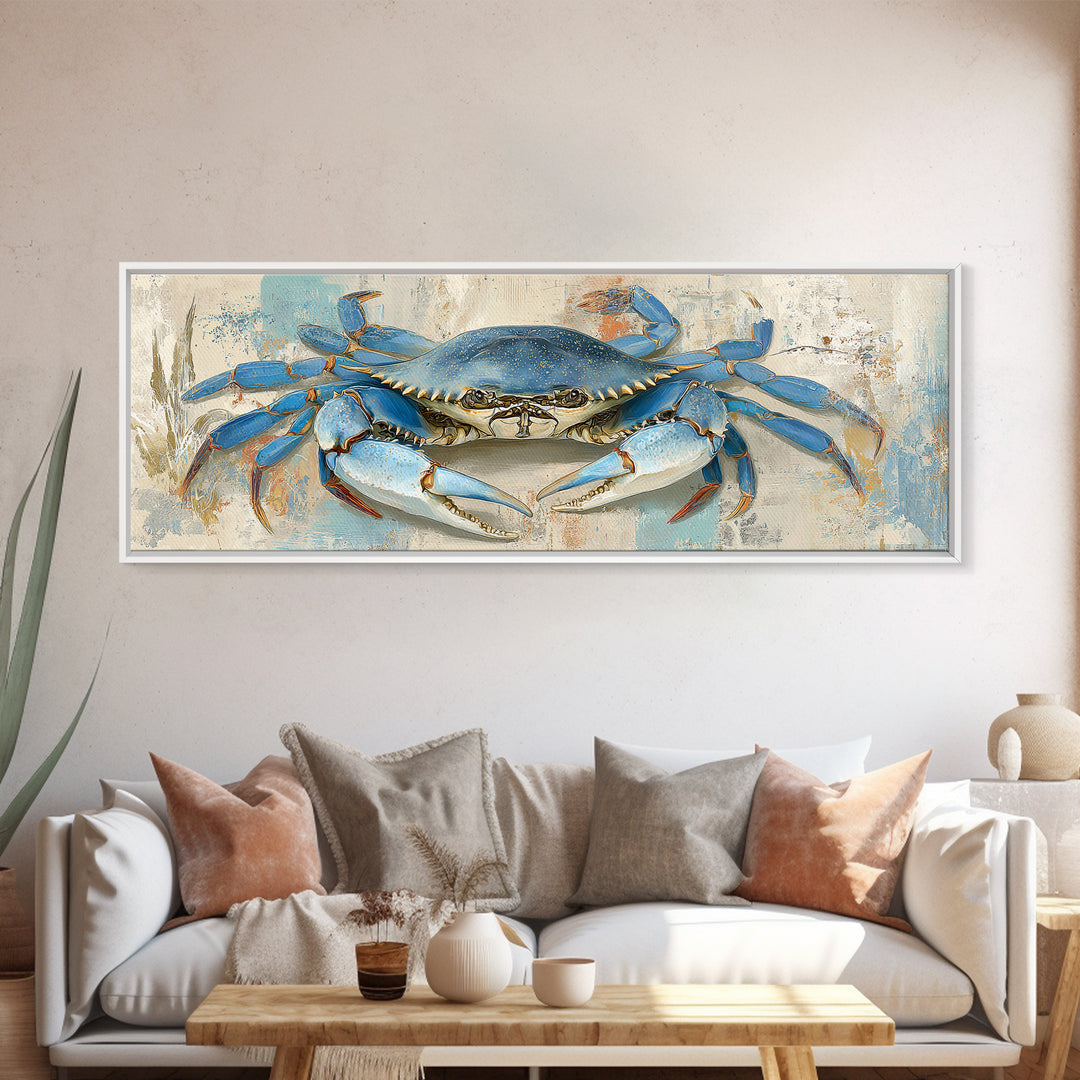 Blue Crab with Painterly Shell Texture Framed Canvas Print, Marine Life Art, Room Decor, Living Room Decor, Fine Art, Marine, MLA-3x1-2