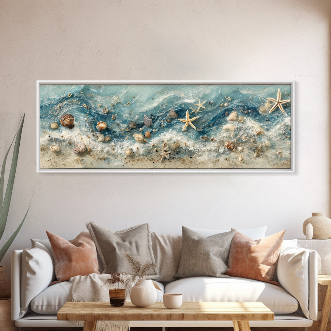 Starfish and Shells Natural Specimen Layout Framed Canvas Print, Marine Life Art, Coastal Art, Living Room Decor, Marine, MLA-3x1-53
