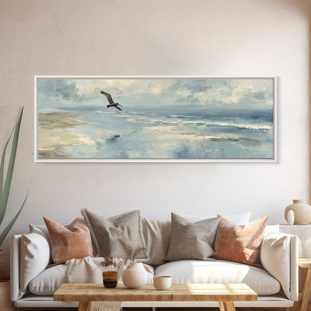 Pelican Diving Toward Fish Near Surface Framed Canvas Print, Marine Life Art, Neutral Decor, Living Room Decor, Marine, MLA-3x1-63