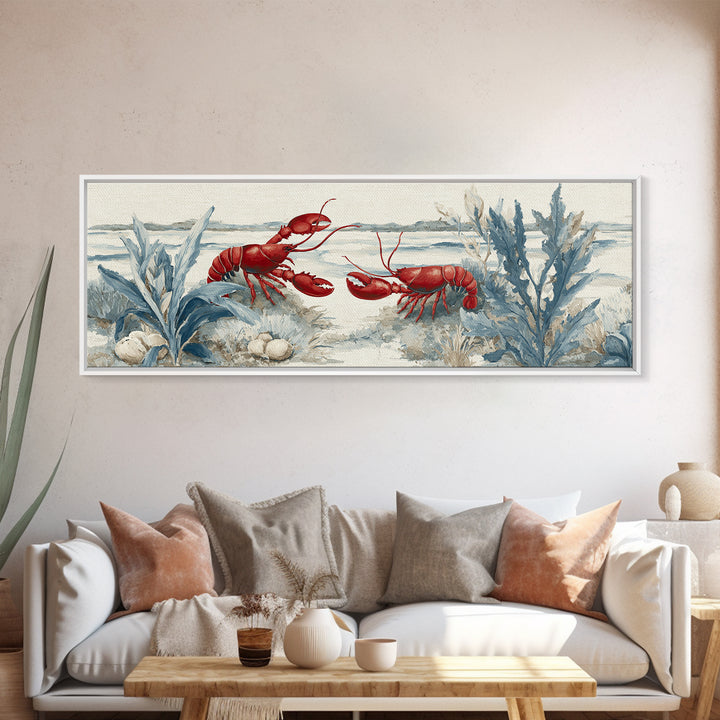 Lobster in Bold Coastal Red Palette Framed Canvas Print, Marine Life Art, Tropical Wall Art, Living Room Decor, Marine, MLA-3x1-7