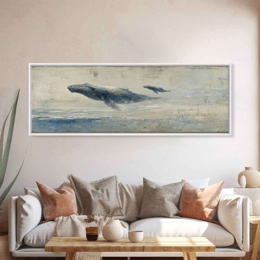Humpback Whale and Calf Framed Canvas Print, Marine Life Art, Coastal Wall Art, Living Room Decor, Oil Painting, Marine, MLA-3x1-82