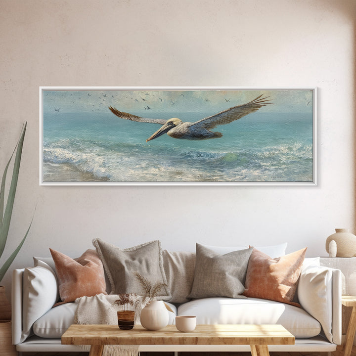 Pelican Diving Toward Fish Near Surface Framed Canvas Print, Marine Life Art, Contemporary Art, Living Room Decor, Marine, MLA-3x1-87