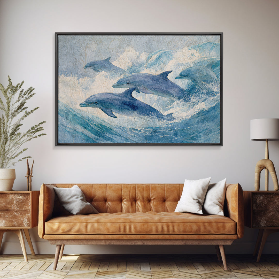 Dolphins Leaping Through Sunlit Waves Canvas Print, Marine Life Art, Minimalist Decor, Living Room Decor, Fine Art, Marine, MLA-3x2-11