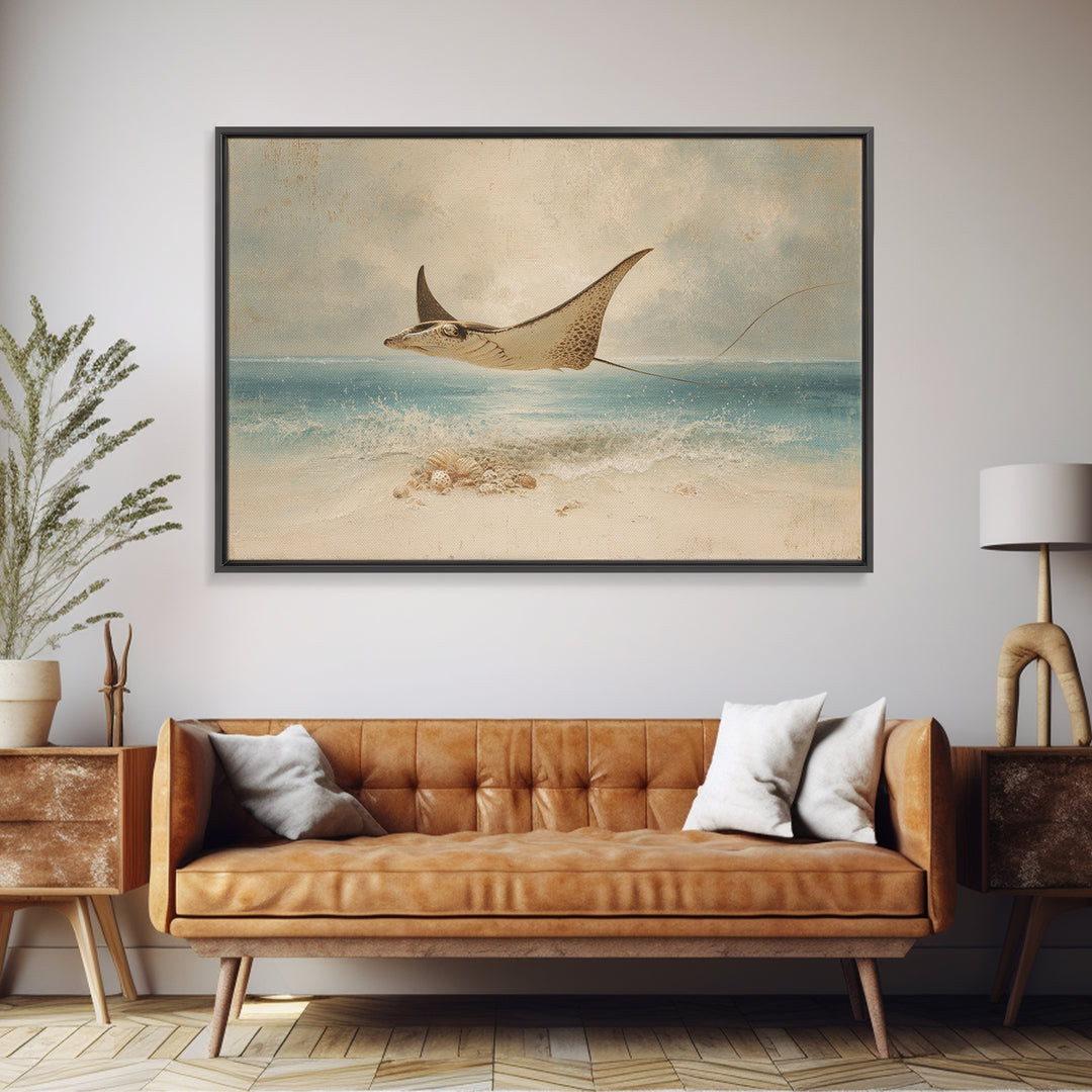 Manta Ray Flying Through Underwater Light Framed Canvas Print, Marine Life Art, Textured Painting, Living Room Decor, Marine, MLA-3x2-18