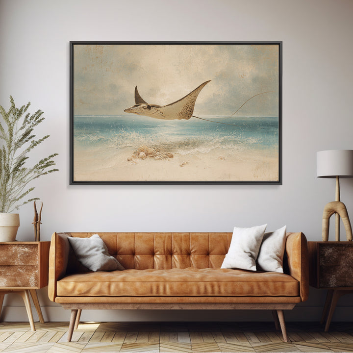 Manta Ray Flying Through Underwater Light Framed Canvas Print, Marine Life Art, Textured Painting, Living Room Decor, Marine, MLA-3x2-18