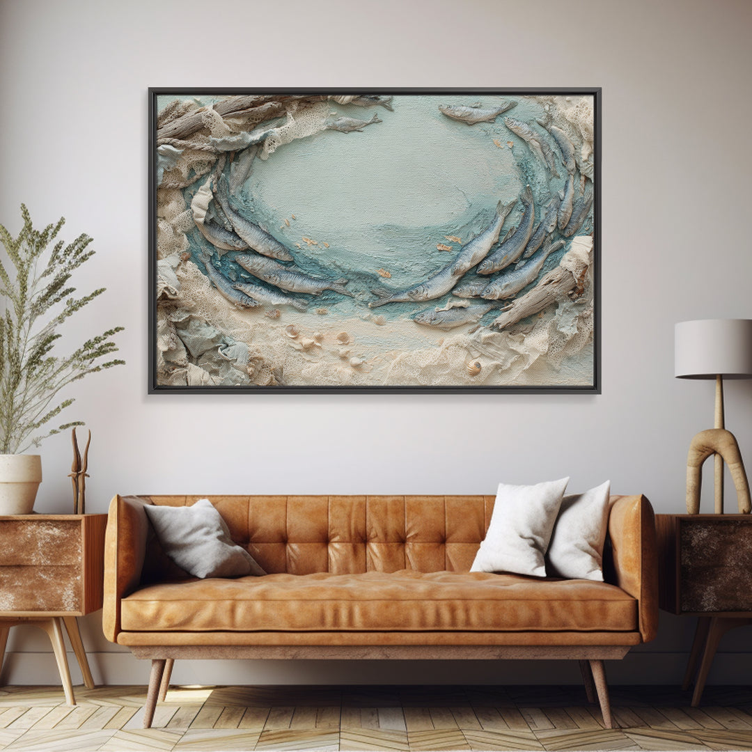 School of Fish Forming a Silver Spiral Canvas Print, Marine Life Art, Minimalist Decor, Living Room Decor, Fine Art, Marine, MLA-3x2-32