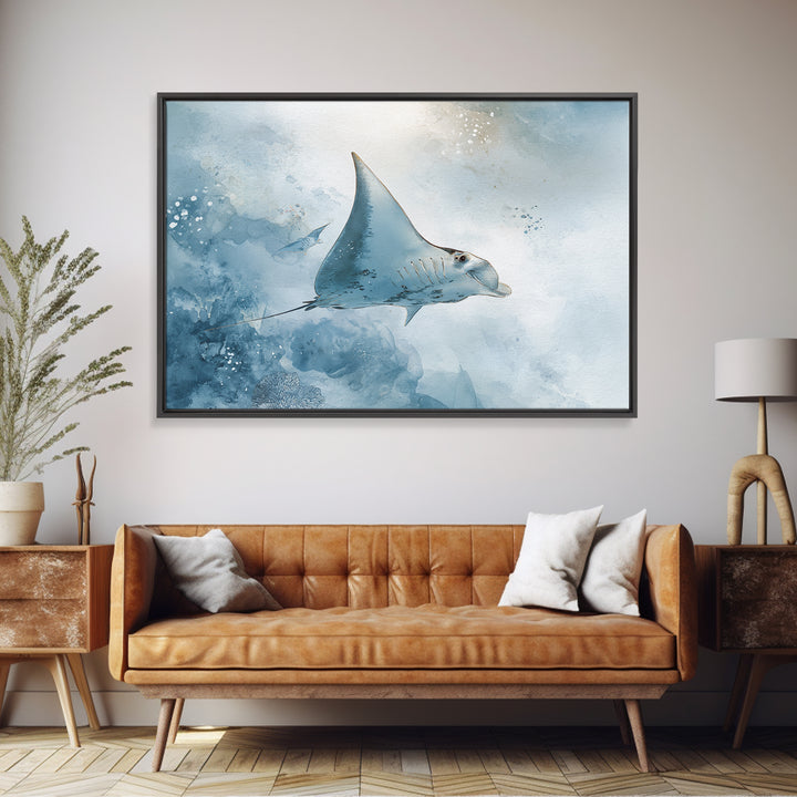 Manta Ray Flying Through Underwater Light Canvas Print, Marine Life Art, Nautical Decor, Living Room Decor, Fine Art, Marine, MLA-3x2-42