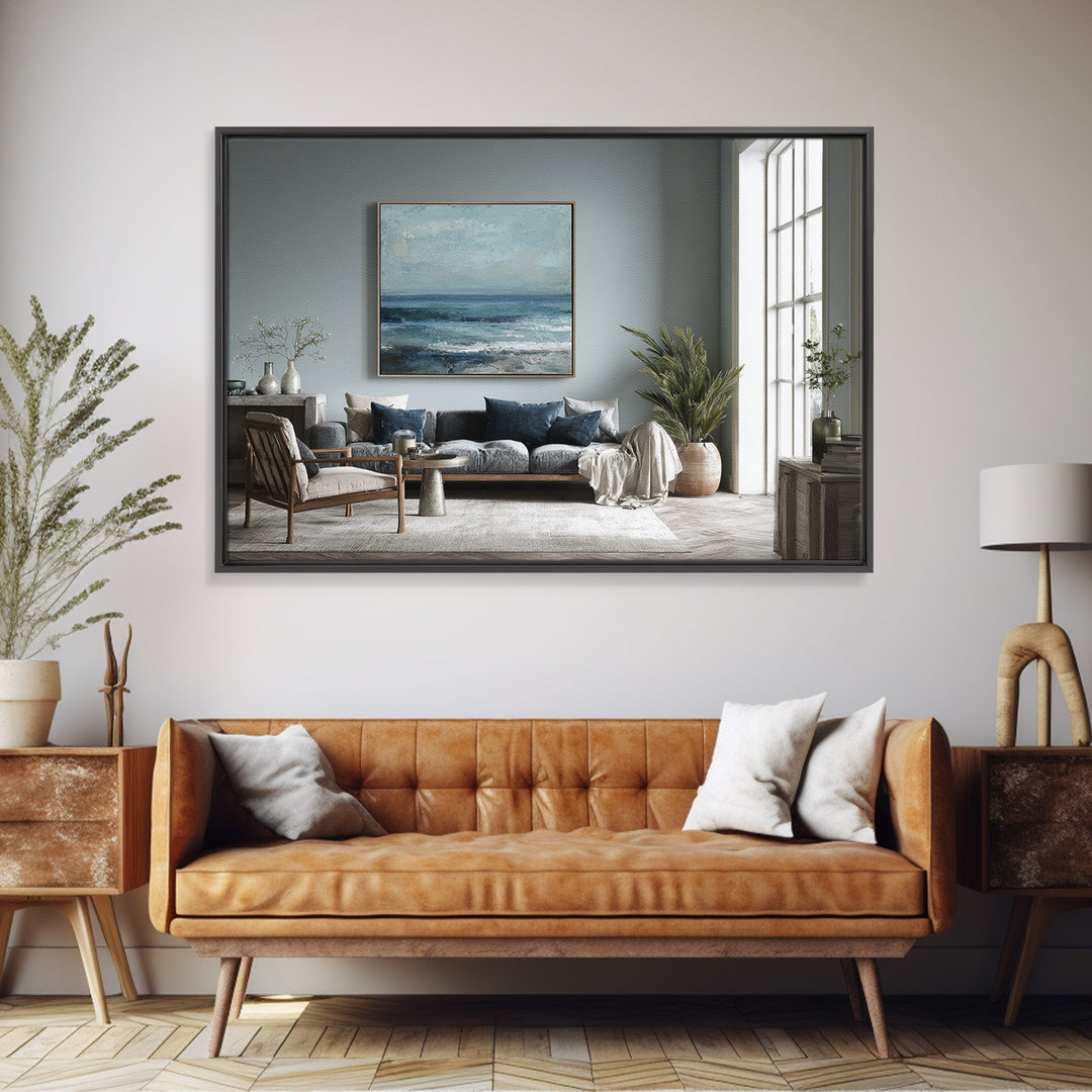 Squid in a Mysterious Midnight Sea Framed Canvas Print, Marine Life Art, Ocean Decor, Living Room Decor, Oil Painting, Marine, MLA-3x2-47