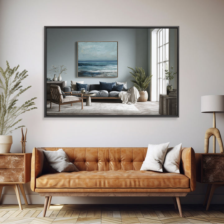 Squid in a Mysterious Midnight Sea Framed Canvas Print, Marine Life Art, Ocean Decor, Living Room Decor, Oil Painting, Marine, MLA-3x2-47