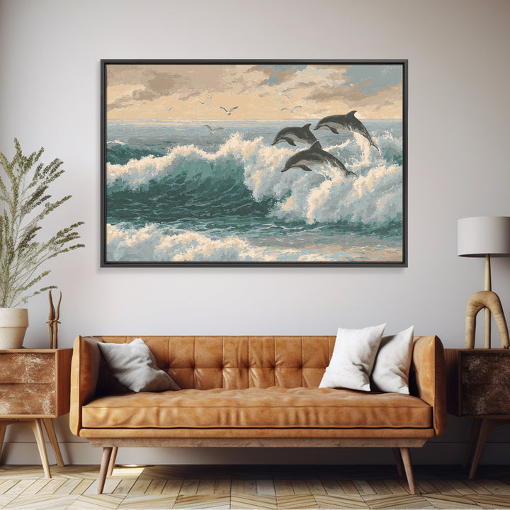Dolphins Leaping Through Sunlit Waves Framed Canvas Print, Marine Life Art, Original Artwork, Living Room Decor, Oil Painting, MLA-3x2-59