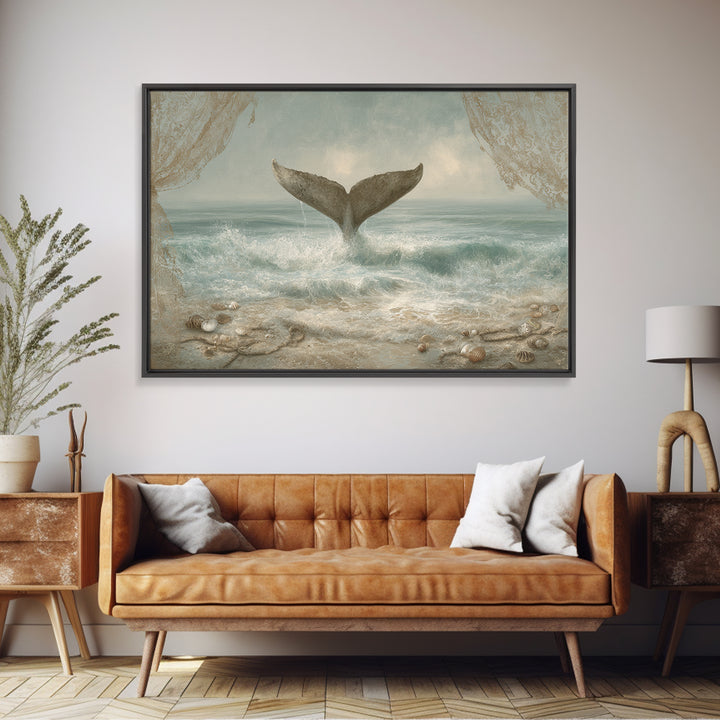 Whale Tail Rising from Misty Ocean Framed Canvas Print, Marine Life Art, Contemporary Art, Living Room Decor, Fine Art, Marine, MLA-3x2-6
